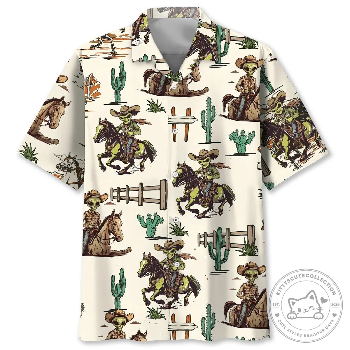 Funny Alien Cowboy Hawaiian Shirt with Desert Landscape Print