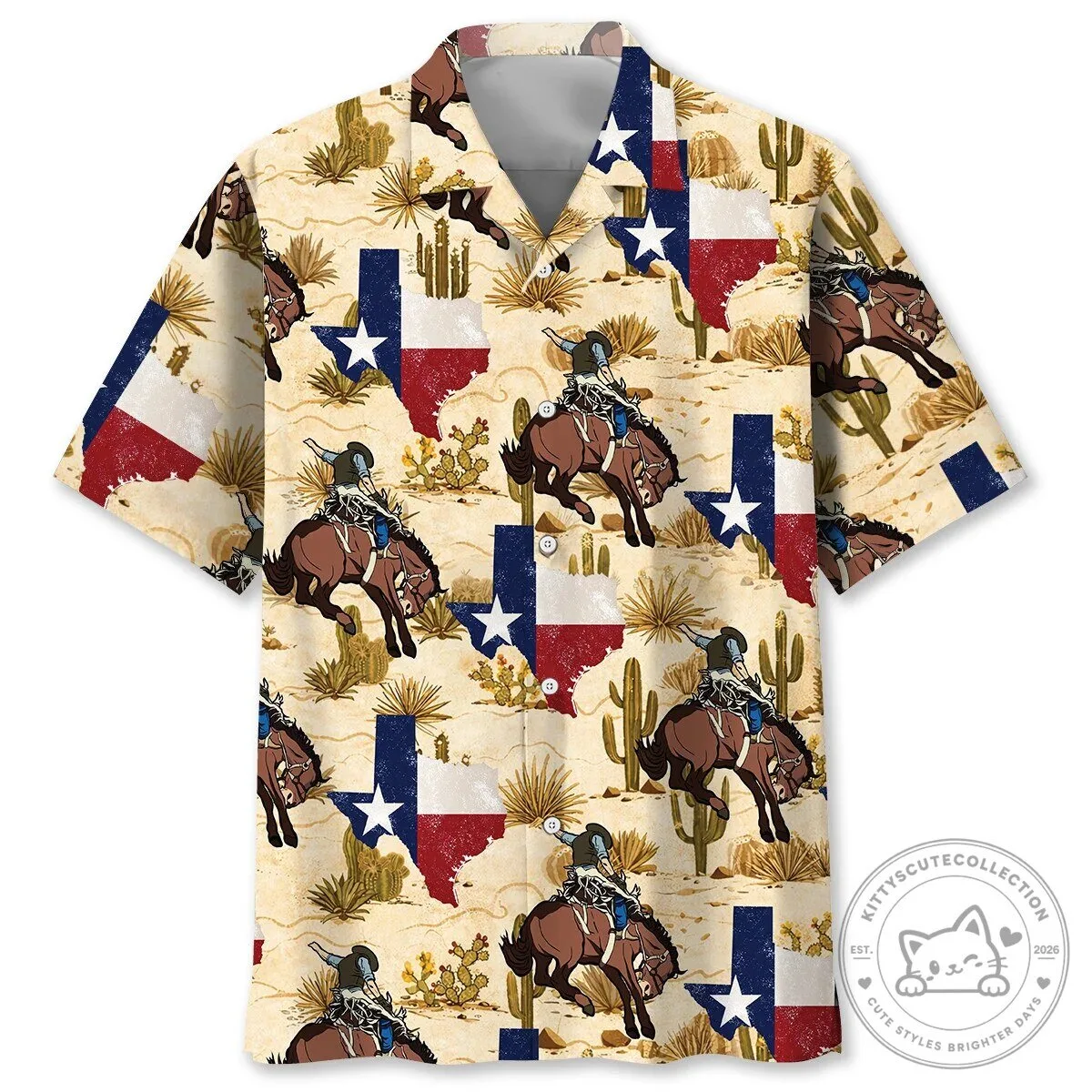 Texas Cowboy Desert Hawaiian Shirt with State Flag and Horse Rider