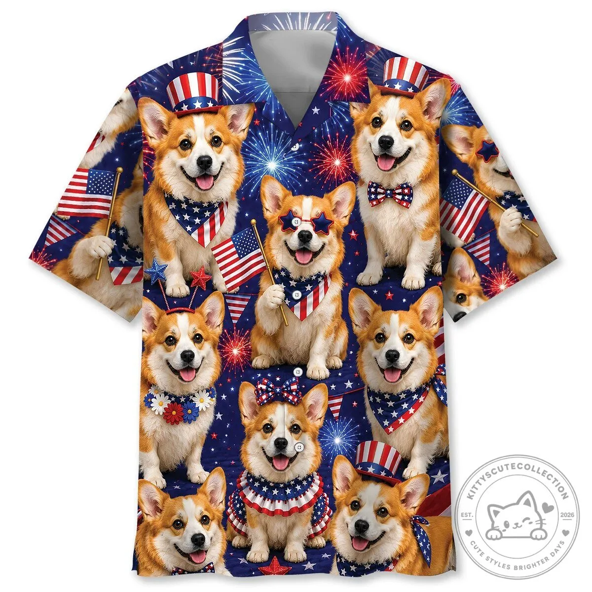 Patriotic Corgi Dog Fourth of July Fireworks Hawaiian Shirt