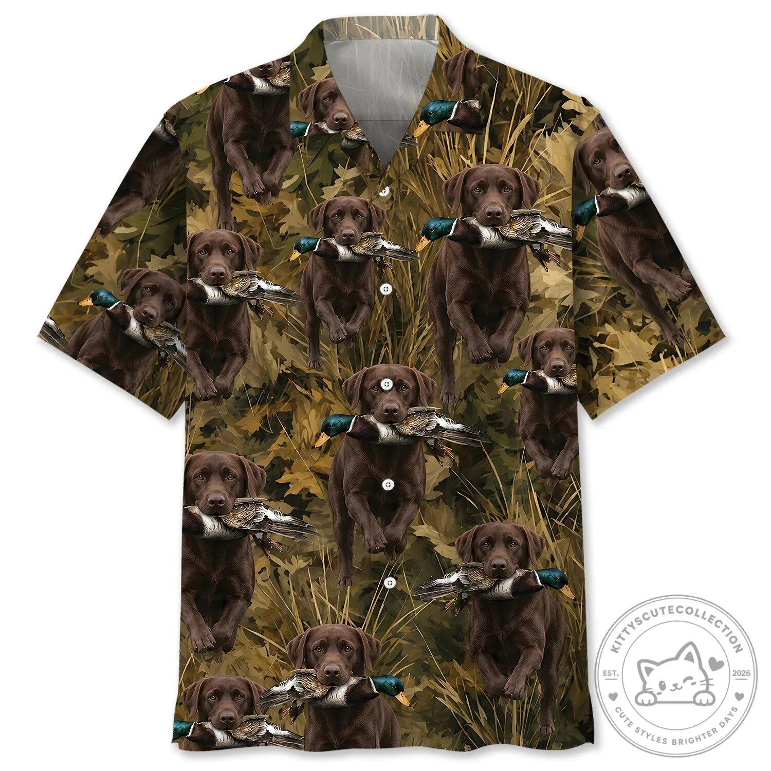 Chocolate Labrador Retriever Mallard Duck Hunting Camouflage Hawaiian Shirt