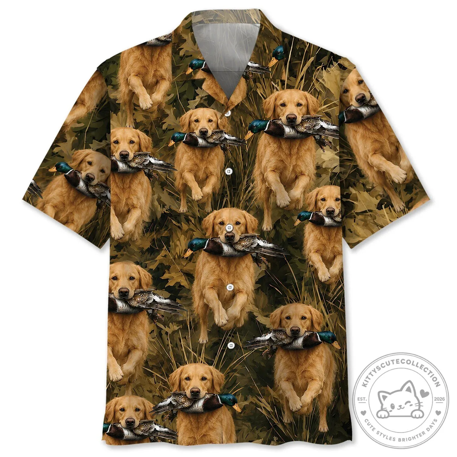 Golden Retriever Hunting Duck Camouflage Pattern Hawaiian Shirt