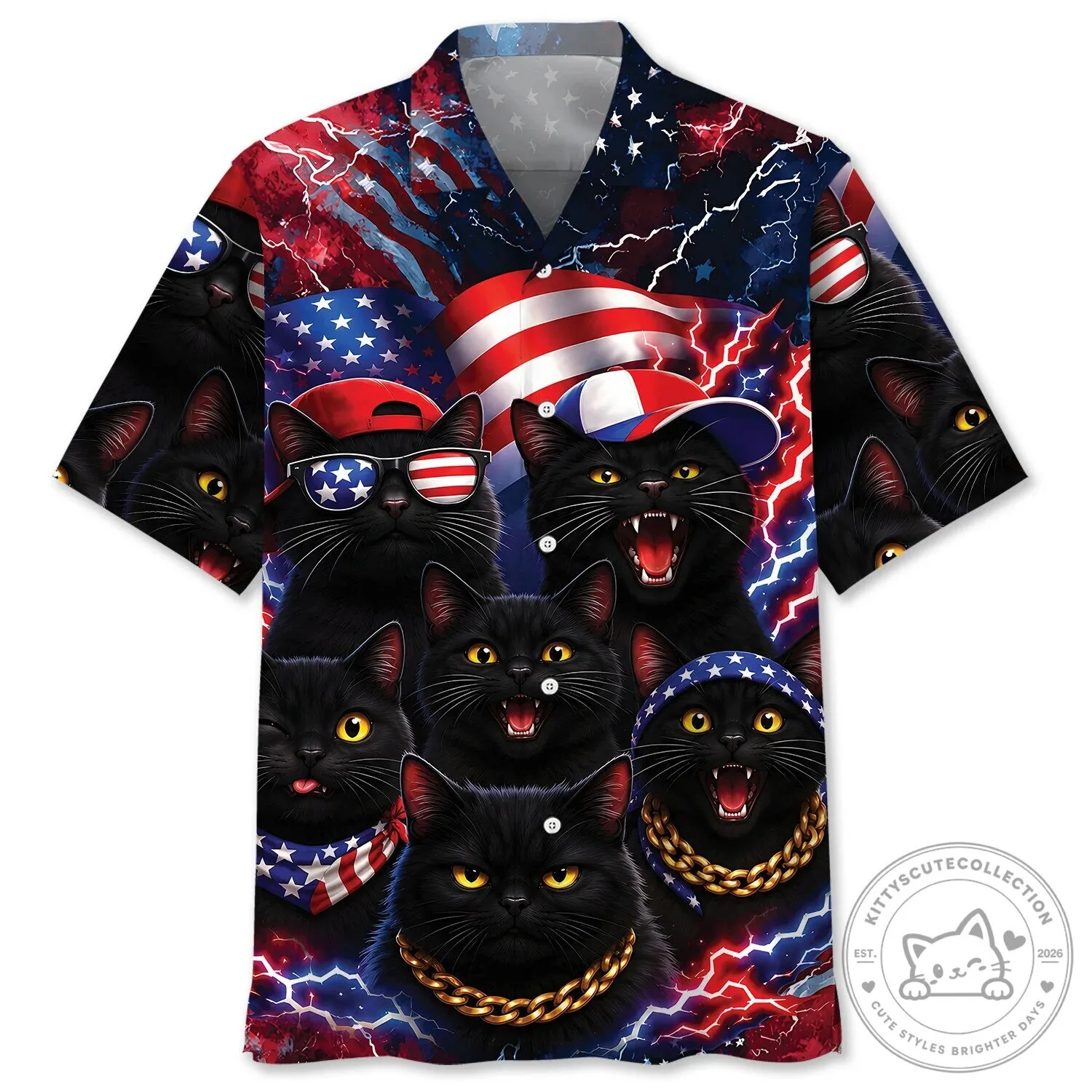Patriotic Black Cats American Flag Lightning Hawaiian Shirt