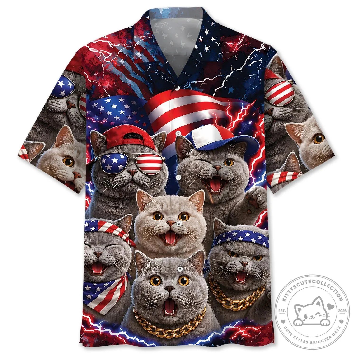 Patriotic British Shorthair Cats American Flag Hawaiian Shirt