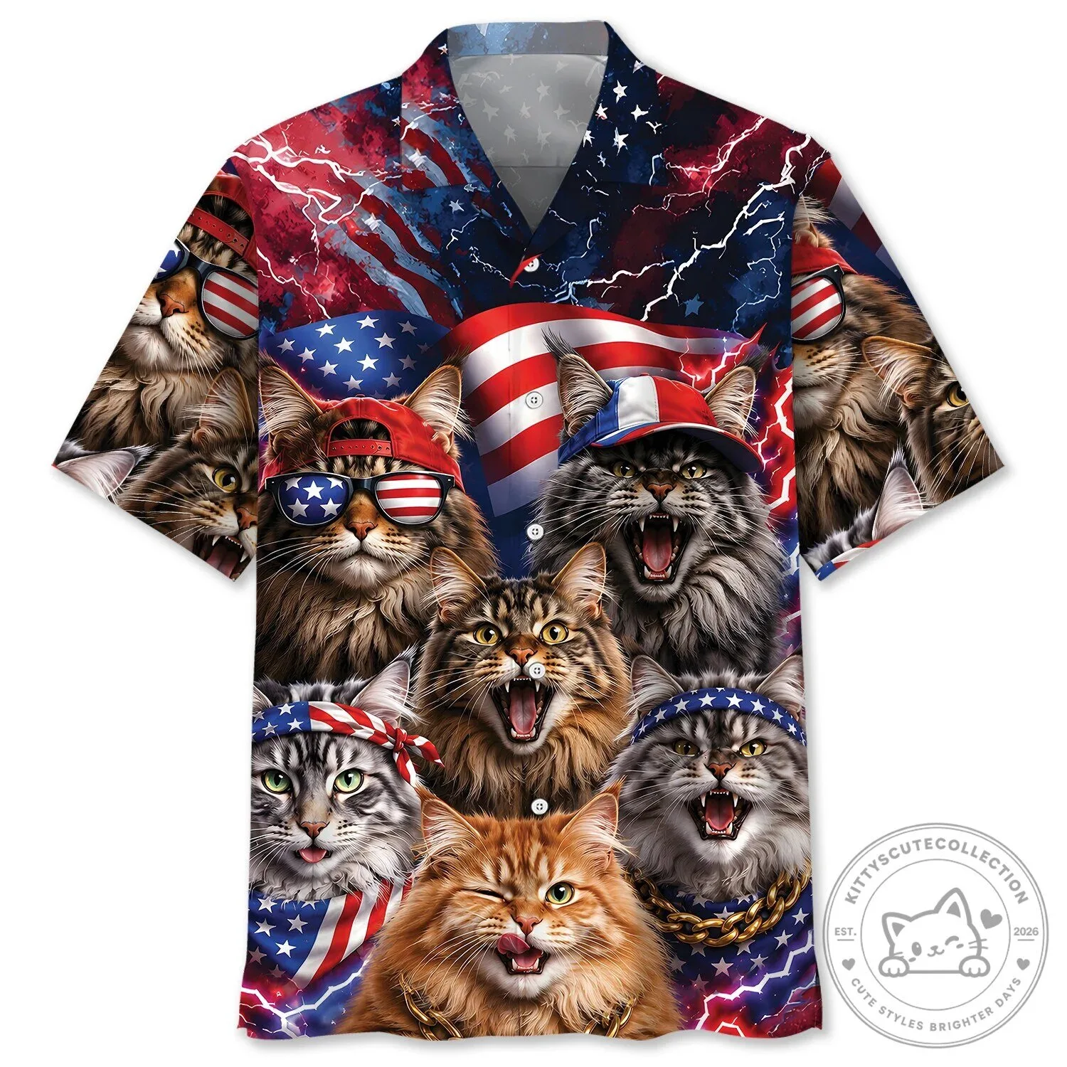 Funny Maine Coon Cats Patriotic American Flag Hawaiian Shirt for Men