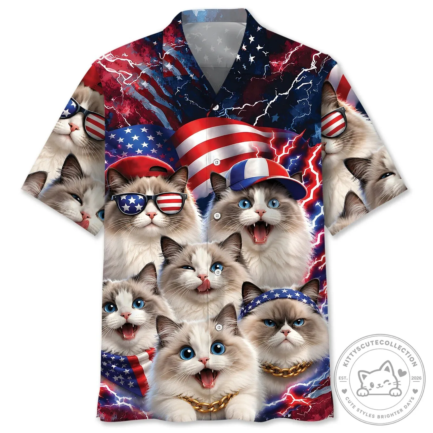 Funny Ragdoll Cats American Flag Patriotic Hawaiian Shirt