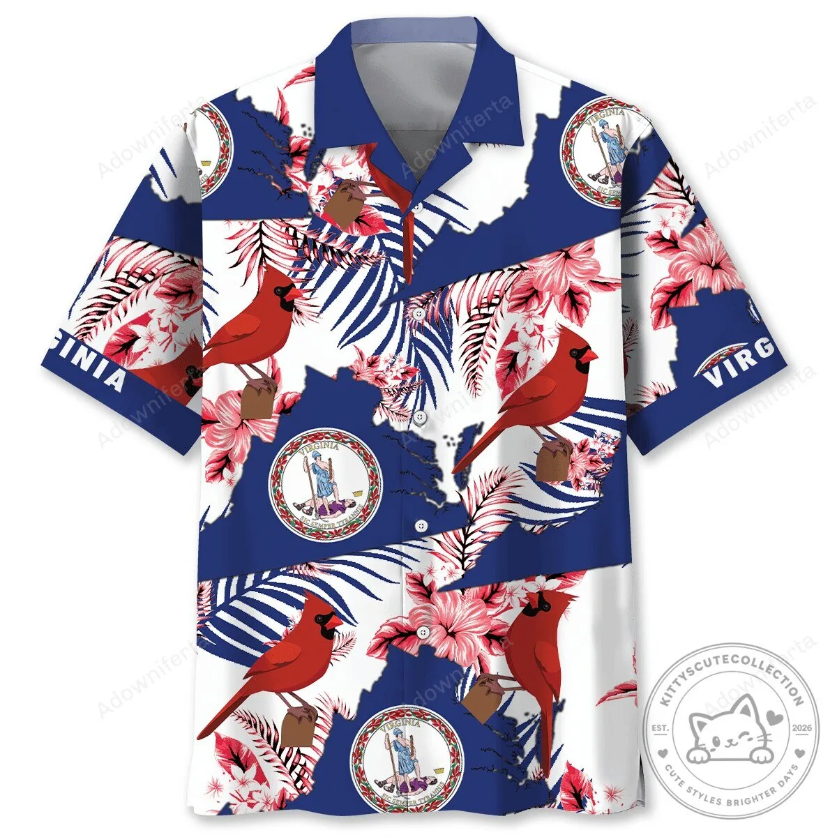 Virginia State Cardinal Bird and Hibiscus Flower Hawaiian Shirt