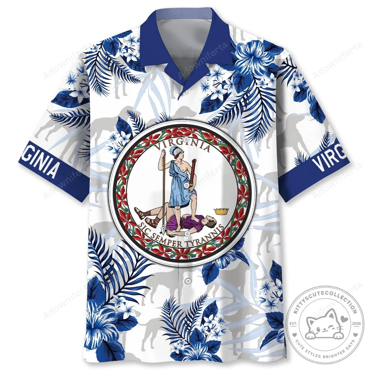 Virginia State Seal Hawaiian Shirt Tropical Blue Floral Print