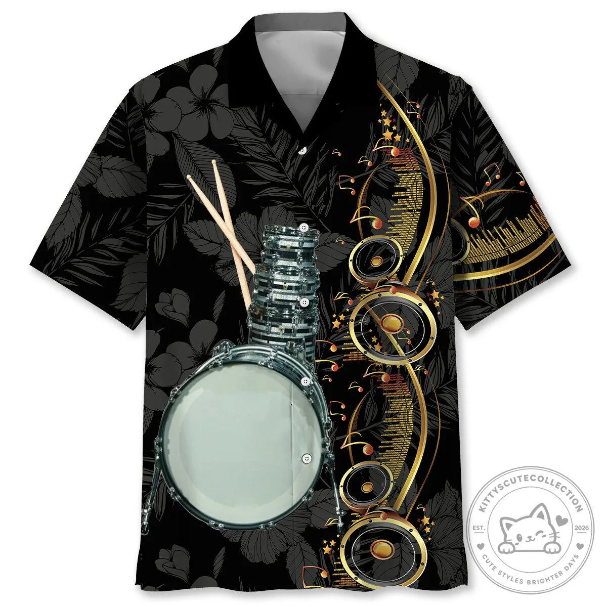 Musical Drums And Speakers Black Hawaiian Shirt For Men