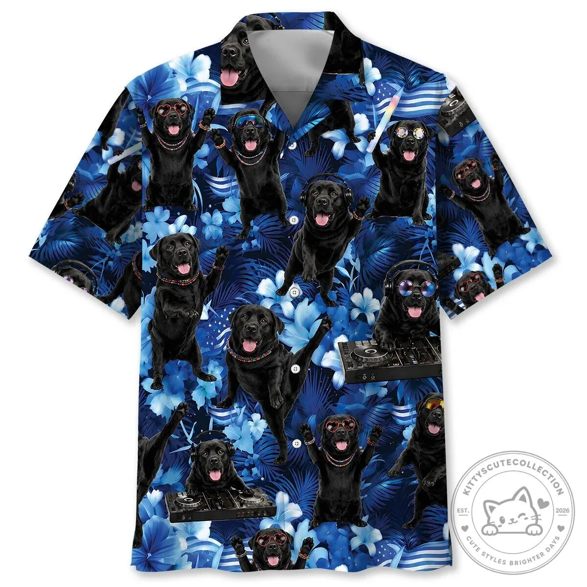 Black Labrador Dog DJ Tropical Blue Hawaiian Shirt