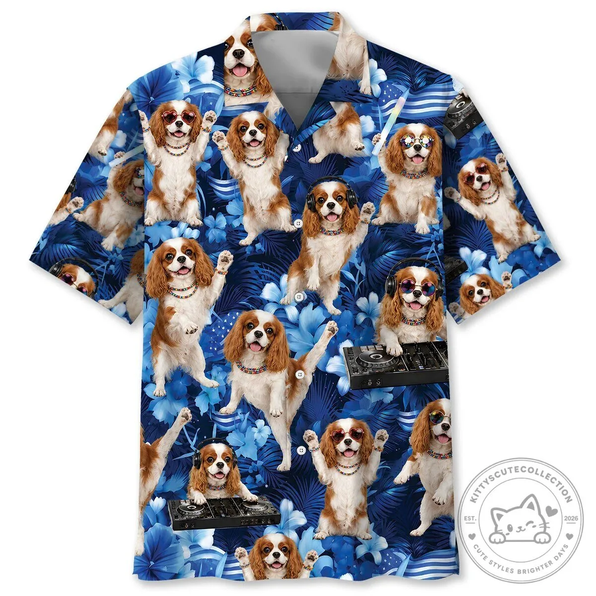 Cavalier King Charles Spaniel Dogs Blue Tropical Leaves Hawaiian Shirt