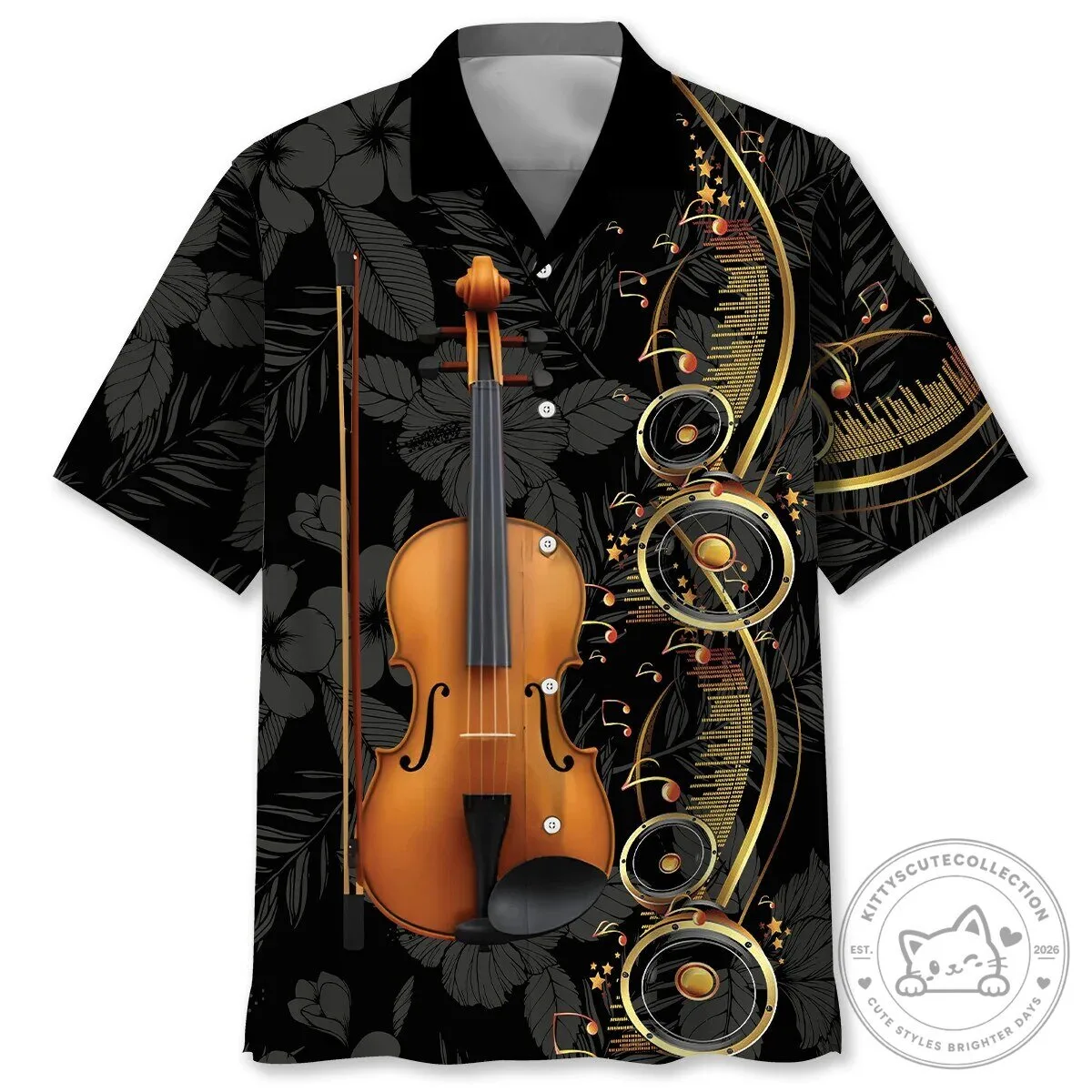 Elegant Violin Musical Notes and Speakers Black Hawaiian Shirt
