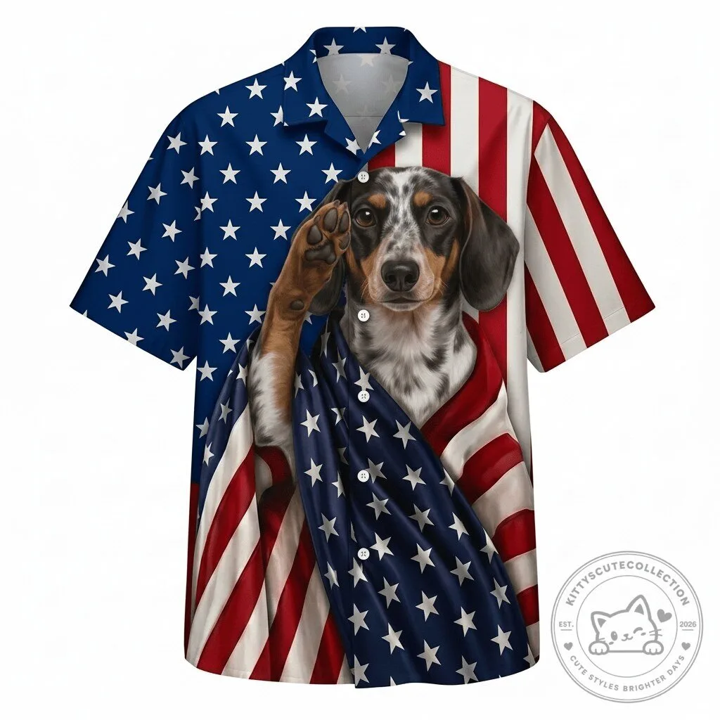 Patriotic Piebald Dachshund American Flag Animal Print Hawaiian Shirt