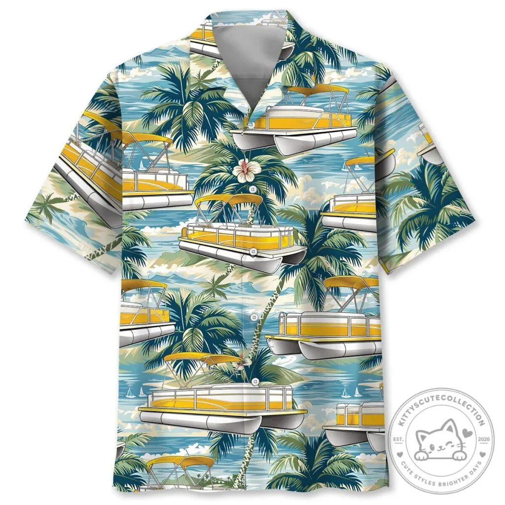 Yellow Pontoon Boat Tropical Palm Tree Hawaiian Shirt Yellow Pontoon Boat Tropical Palm Tree Hawaiian Shirt