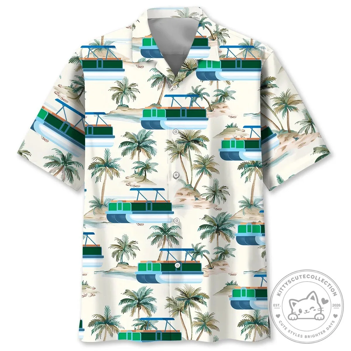 Pontoon Boat Beach Palm Trees Tropical Hawaiian Shirt