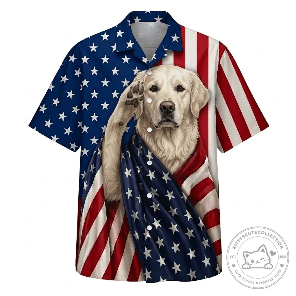 English Cream Golden Retriever Patriotic American Flag Hawaiian Shirt