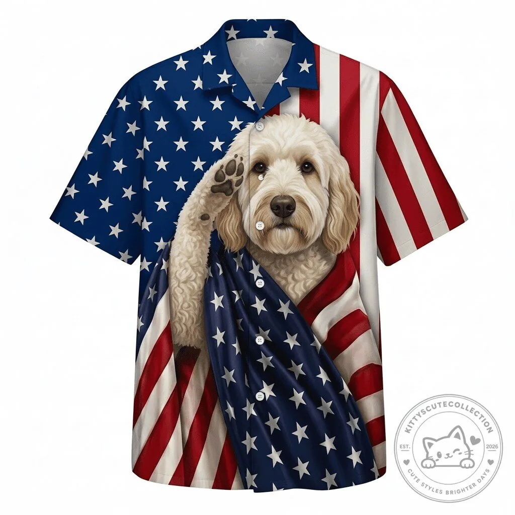 Patriotic Goldendoodle Dog American Flag Hawaiian Shirt