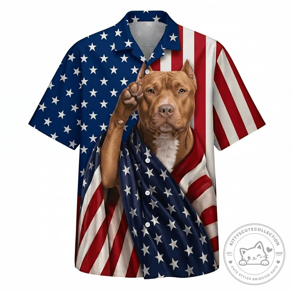 Hawaiian Shirt Featuring American Pit Bull Terrier and Patriotic USA Flag Design