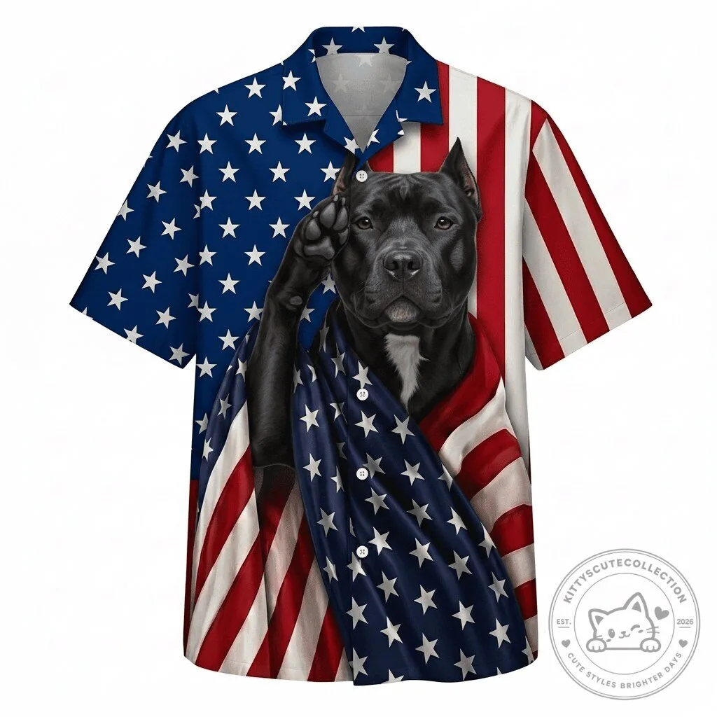 American Pit Bull Terrier Black Patriot United States Flag Hawaiian Shirt