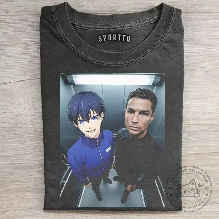 Cristiano Ronaldo and Yoichi Isagi Funny Elevator Selfie Graphic T-Shirt