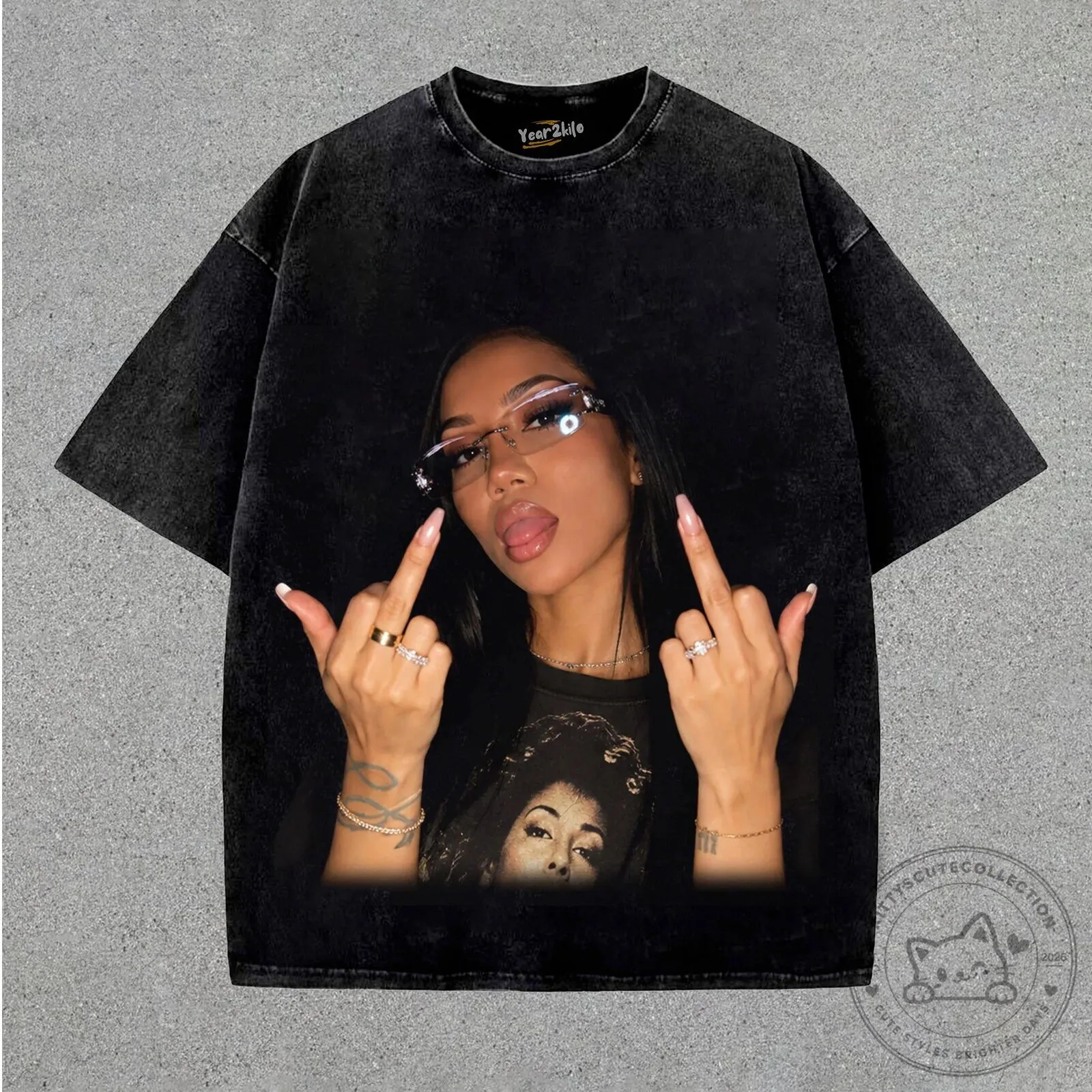Jhene Aiko Middle Finger Portrait Washed Black T-Shirt