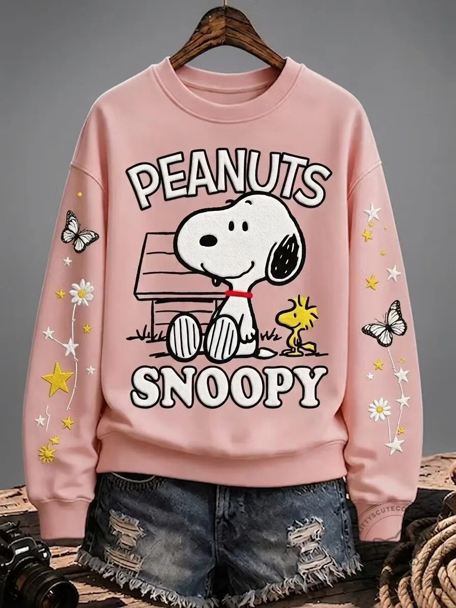 Snoopy Peanuts Cartoon Character Pink Crewneck Long Sleeve Sweatshirt