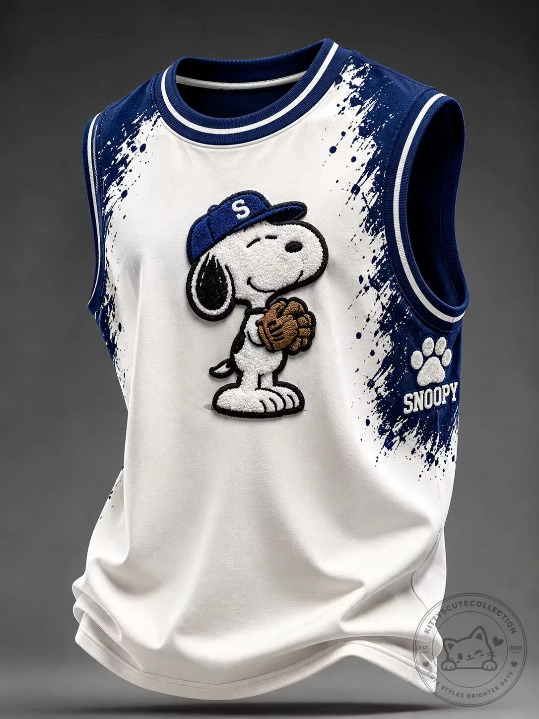 Snoopy Baseball Cartoon Character White and Blue Tank Top