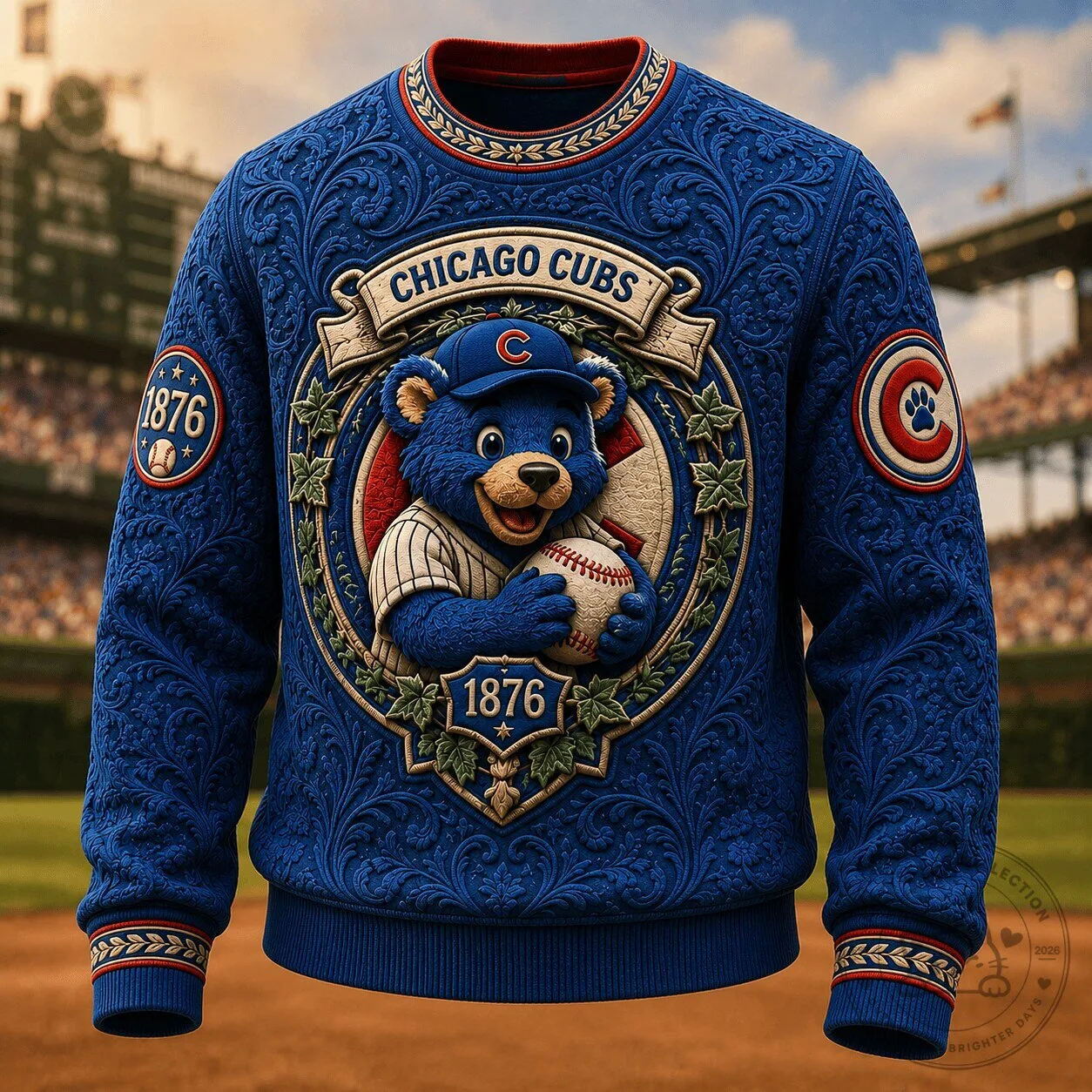Chicago Cubs Baseball Mascot Embroidered Blue Crewneck Sweatshirt