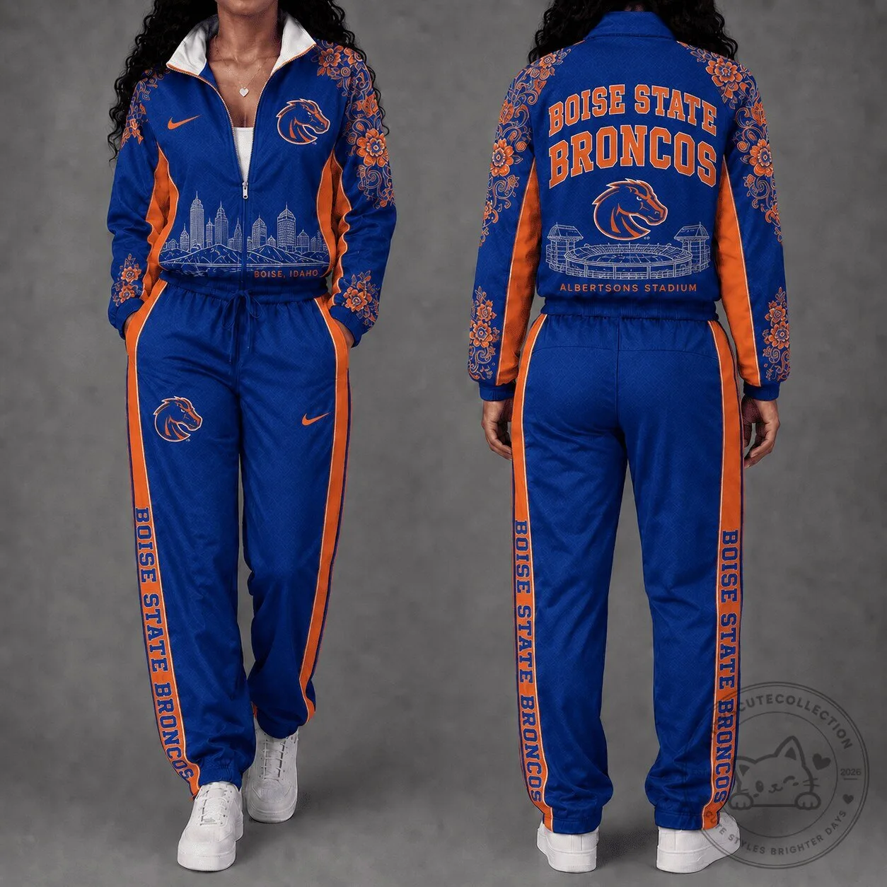 Boise State Broncos Albertsons Stadium Floral Design Tracksuit Jacket and Pants Set 1 Boise State Broncos Albertsons Stadium Floral Design Tracksuit Jacket and Pants Set