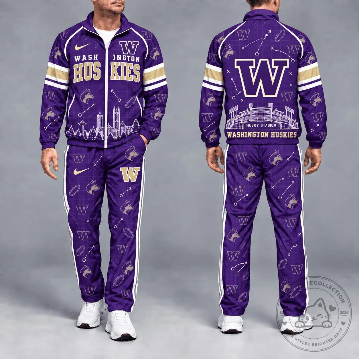 Washington Huskies Football Team Purple and Gold Tracksuit Jacket and Pants Set