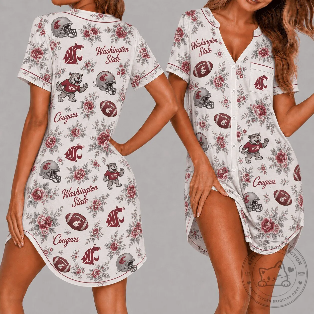 Washington State Cougars Floral Pattern Women's Pajama Dress