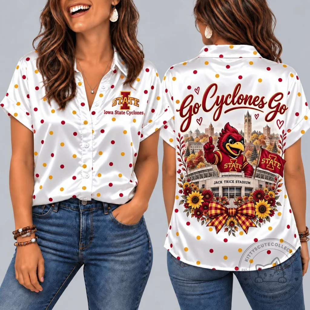 Iowa State Cyclones Mascot Jack Trice Stadium Polka Dot Short Sleeve Button Down Shirt Iowa State Cyclones Mascot Jack Trice Stadium Polka Dot Short Sleeve Button Down Shirt