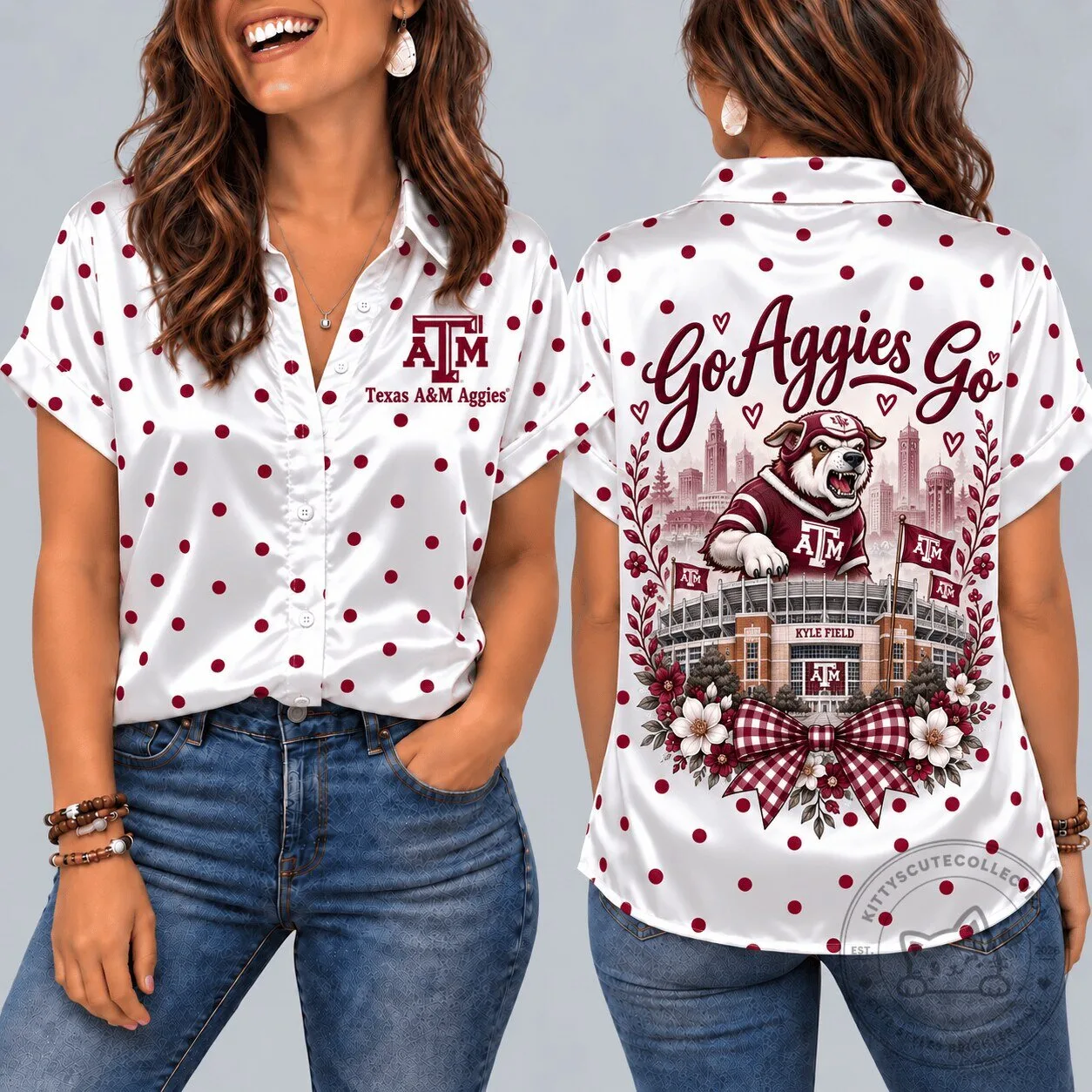 Texas A&M Aggies Mascot Kyle Field Go Aggies Go Polka Dot Hawaiian Shirt 1 Texas A&M Aggies Mascot Kyle Field Go Aggies Go Polka Dot Hawaiian Shirt