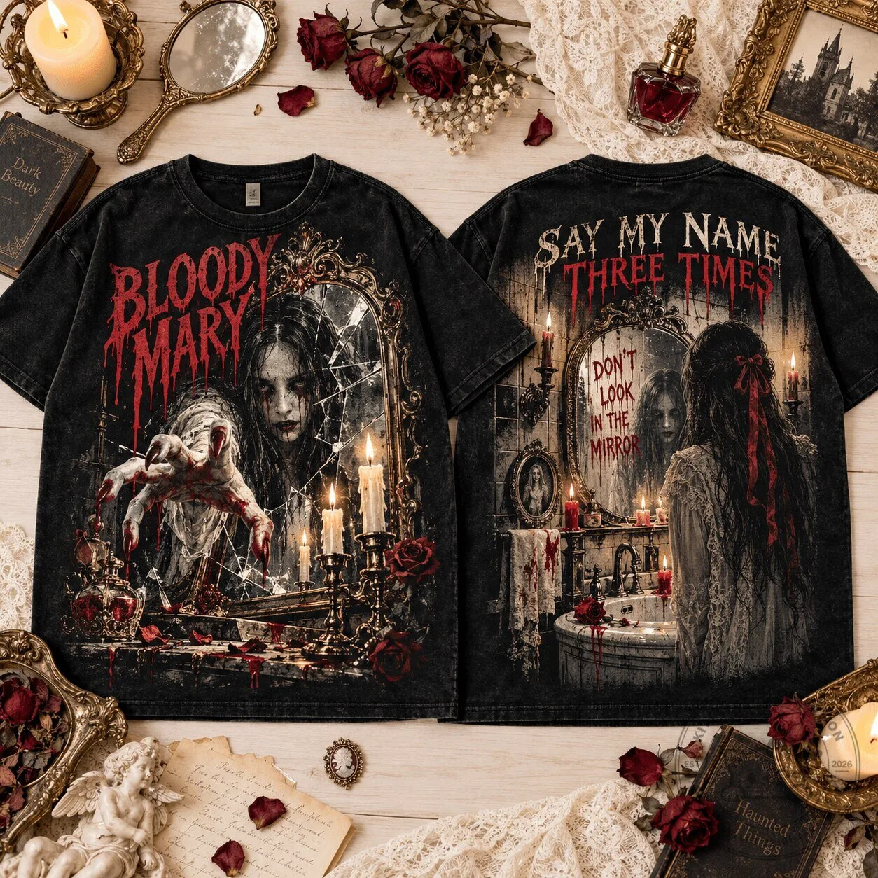 Bloody Mary Haunted Mirror Gothic Vintage Halloween Graphic T-Shirt