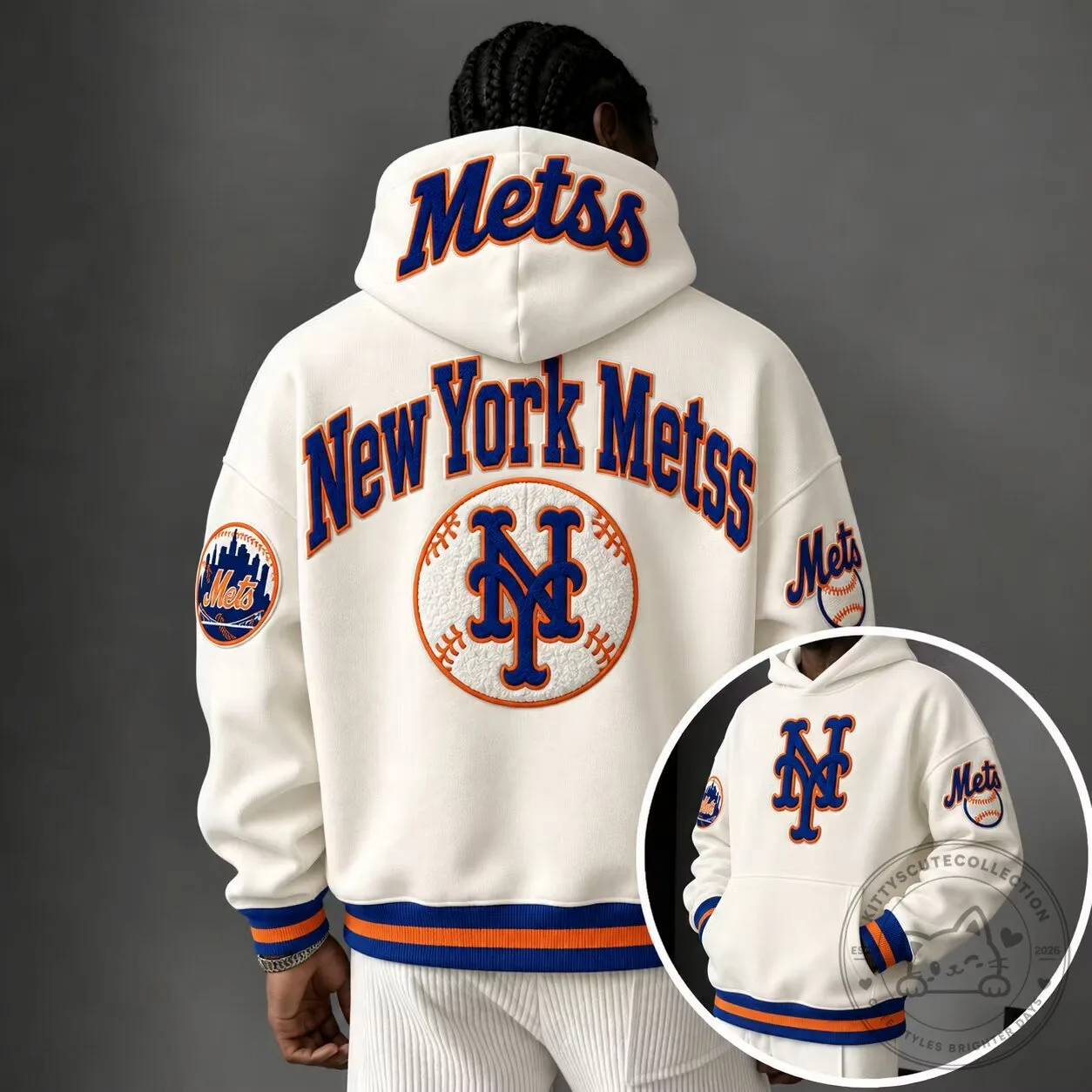 New York Mets Baseball Team Logo White Oversized Hoodie Sweatshirt