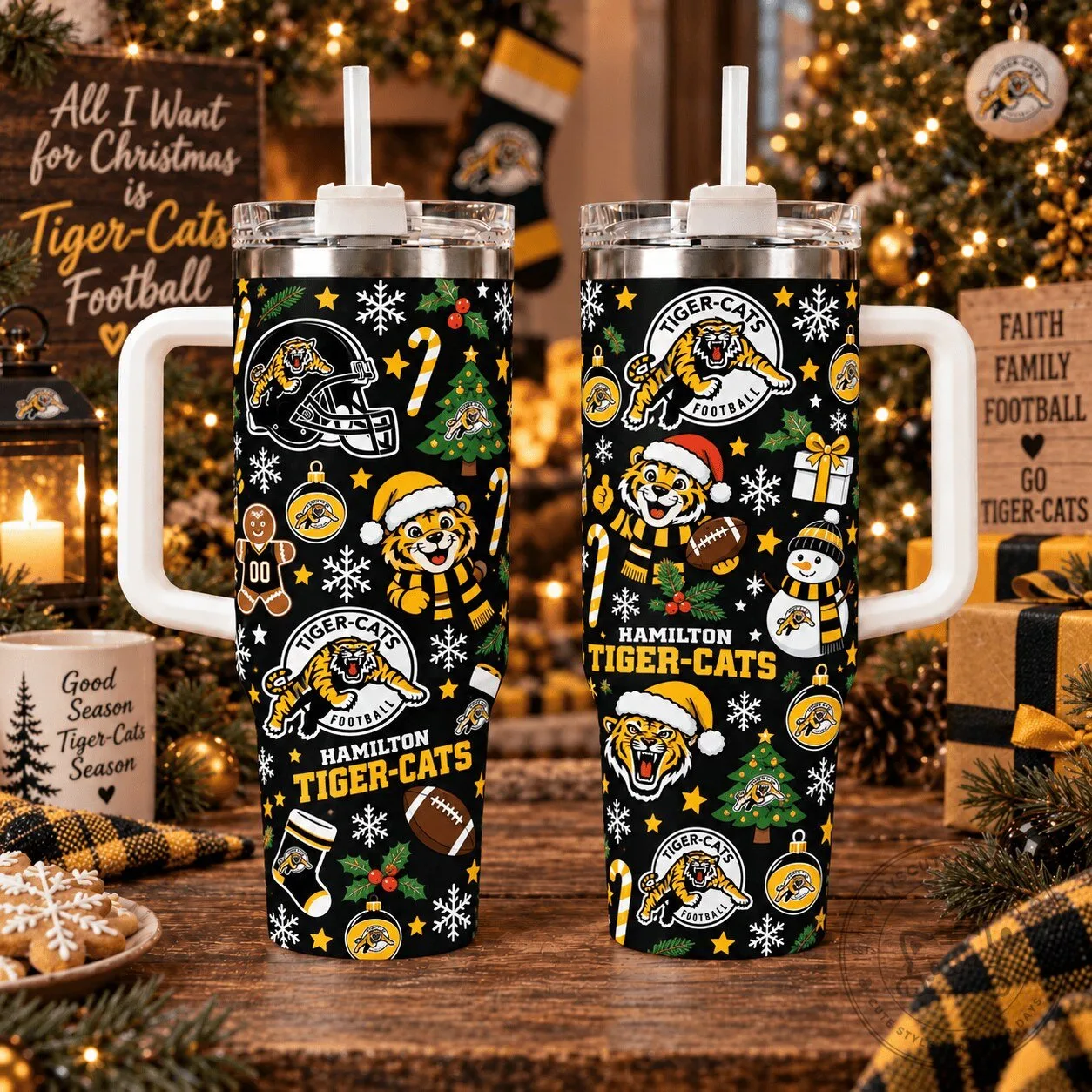 Hamilton Tiger-Cats Football Christmas Winter Holiday Tumbler with Handle