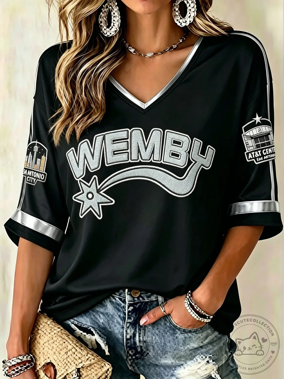 Wemby San Antonio Basketball Fan Shirt for Women, Classic Short Sleeve V-Neck Top