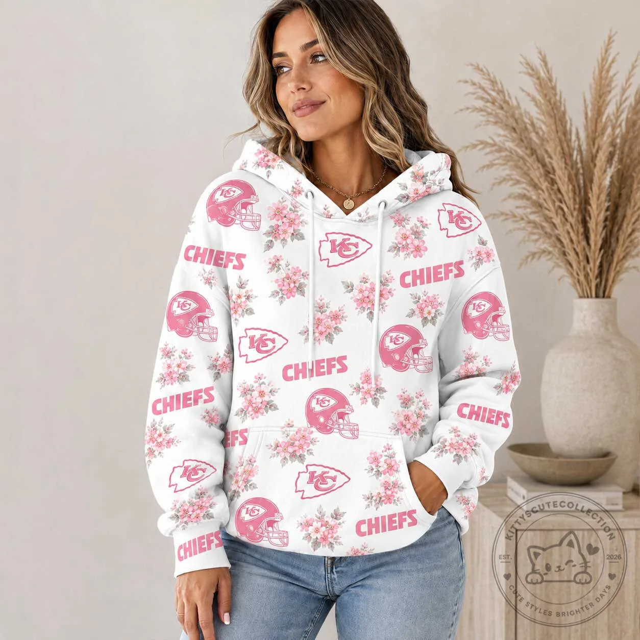 Kansas City Chiefs Pink Floral Helmet Pattern Women's Hoodie
