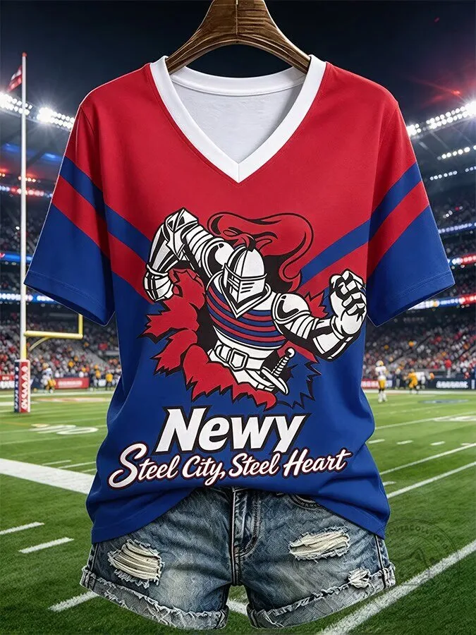 Newcastle Knights Rugby League Steel City Steel Heart Women's V-Neck T-Shirt