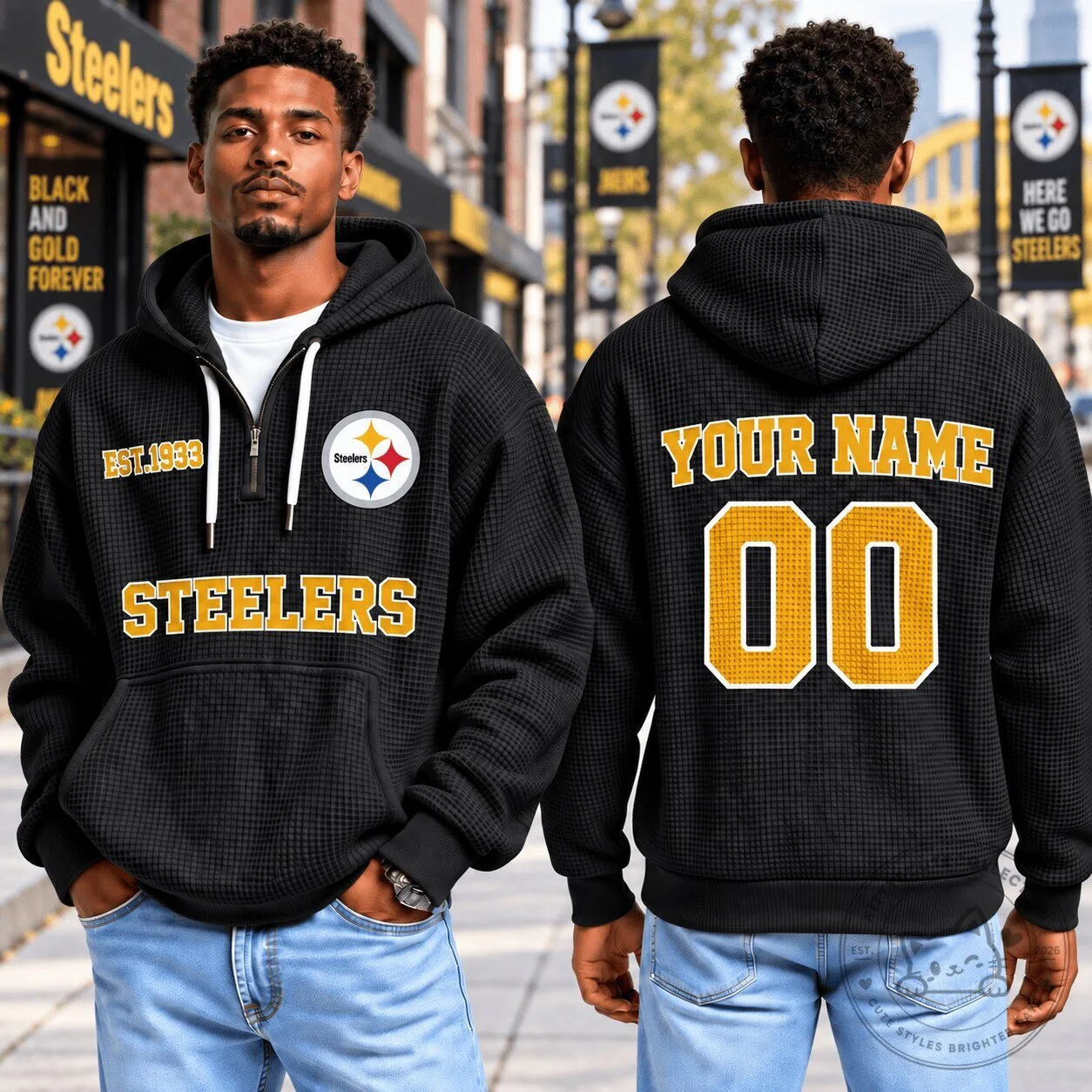 Pittsburgh Steelers Black Waffle Knit Quarter Zip Football Fan Hoodie