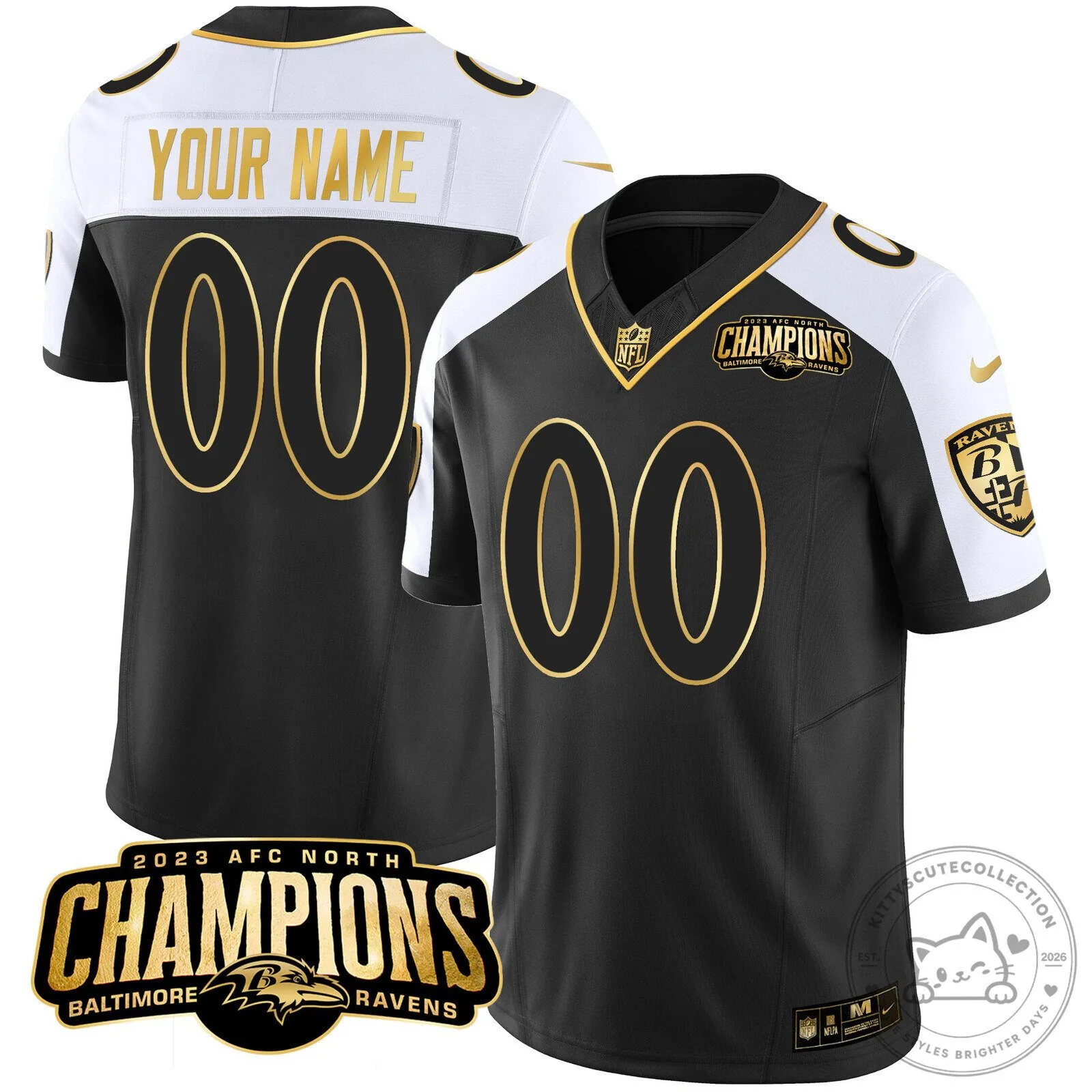 Baltimore Ravens 2023 AFC North Champions Black and Gold Custom Football Jersey