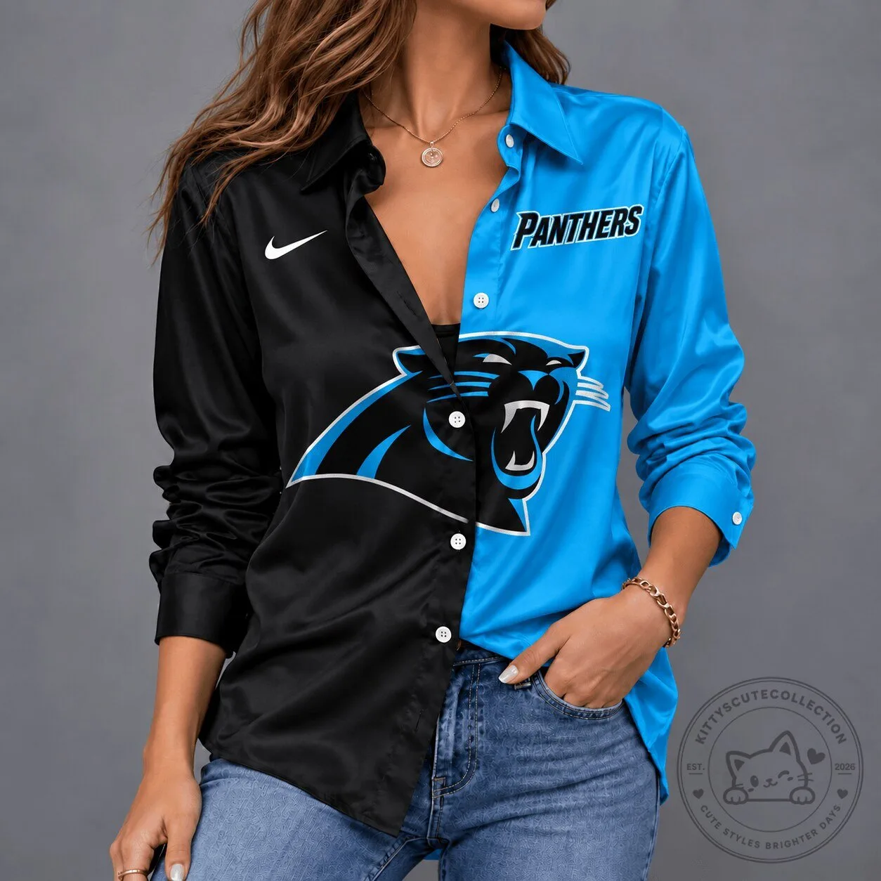 Carolina Panthers NFL Team Spirit Black and Blue Button Down Shirt