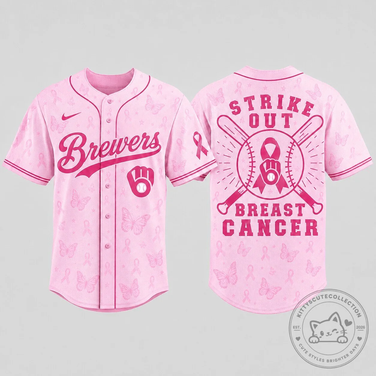 Milwaukee Brewers Baseball Jersey Strike Out Breast Cancer Pink Ribbon