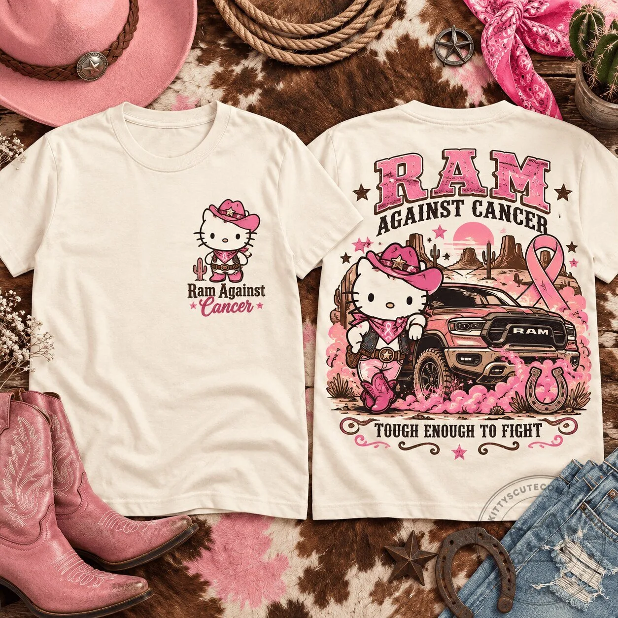 Hello Kitty Ram Against Cancer Tough Enough To Fight Breast Cancer Awareness T-Shirt
