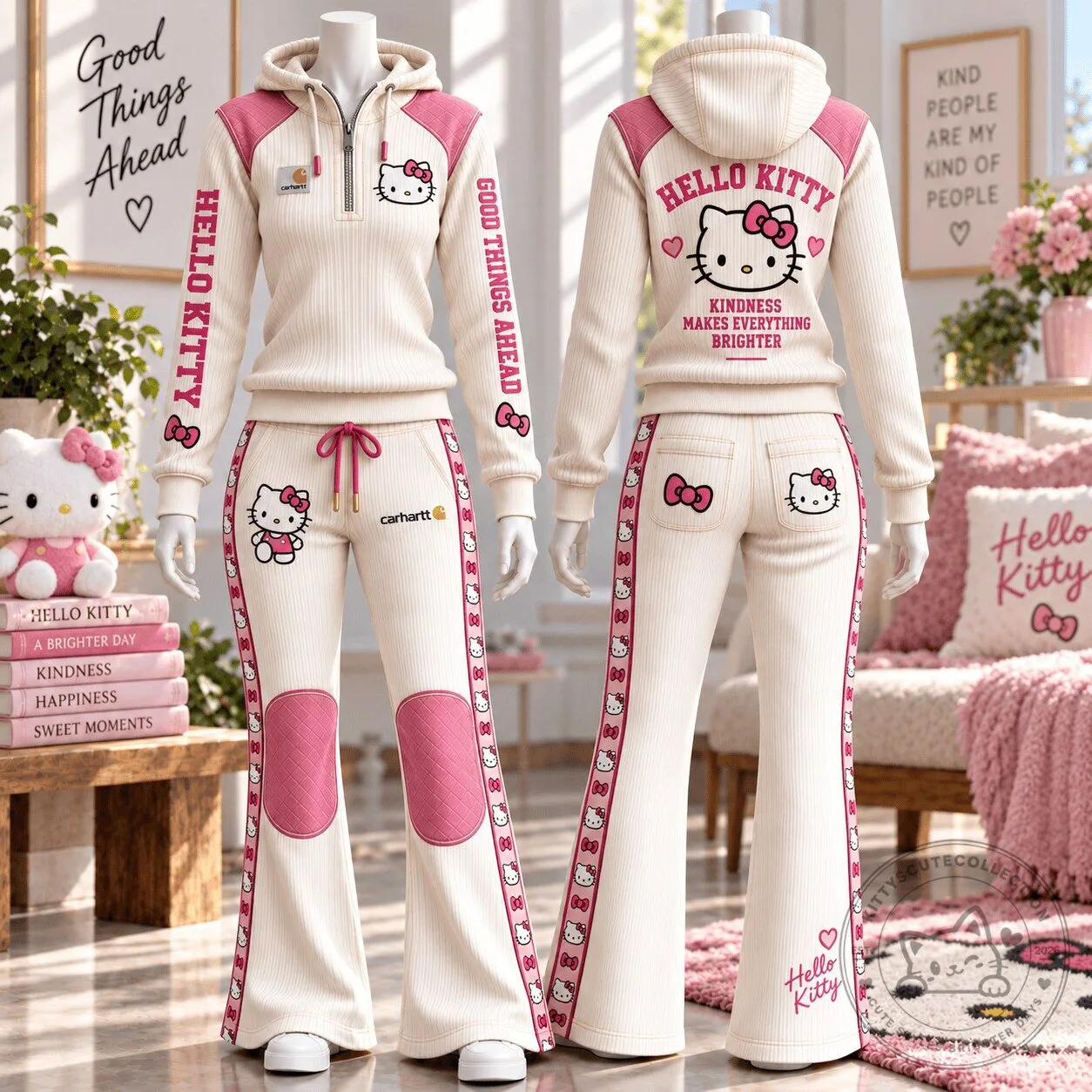 Hello Kitty Carhartt Pink Ribbed Hoodie and Flare Pants Set