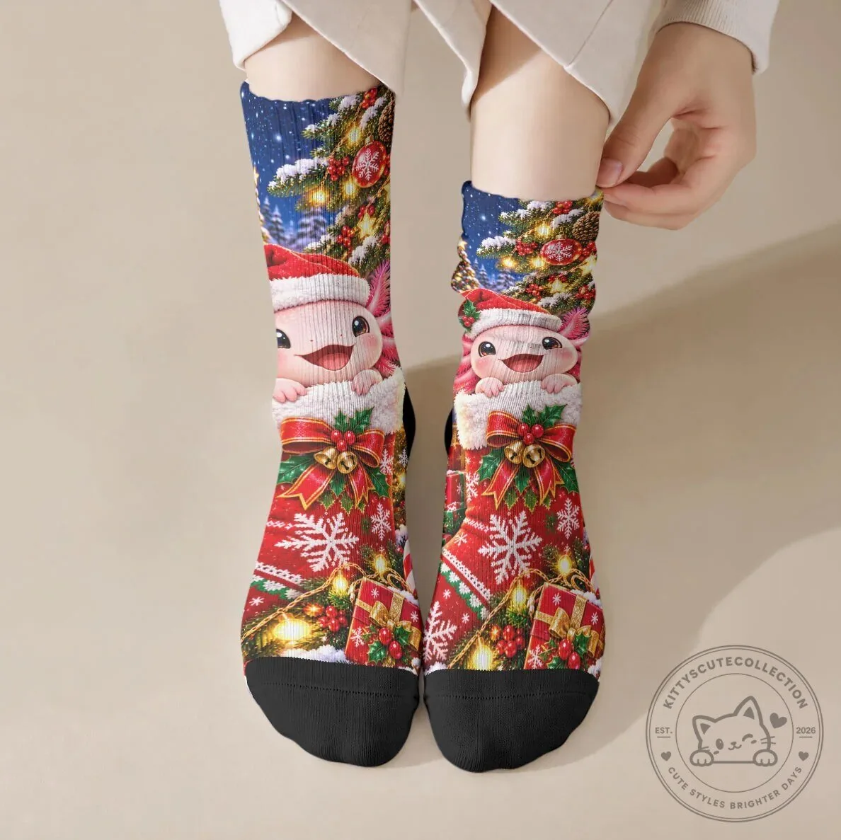 Cute Axolotl Christmas Holiday Snowflakes Winter Crew Socks
