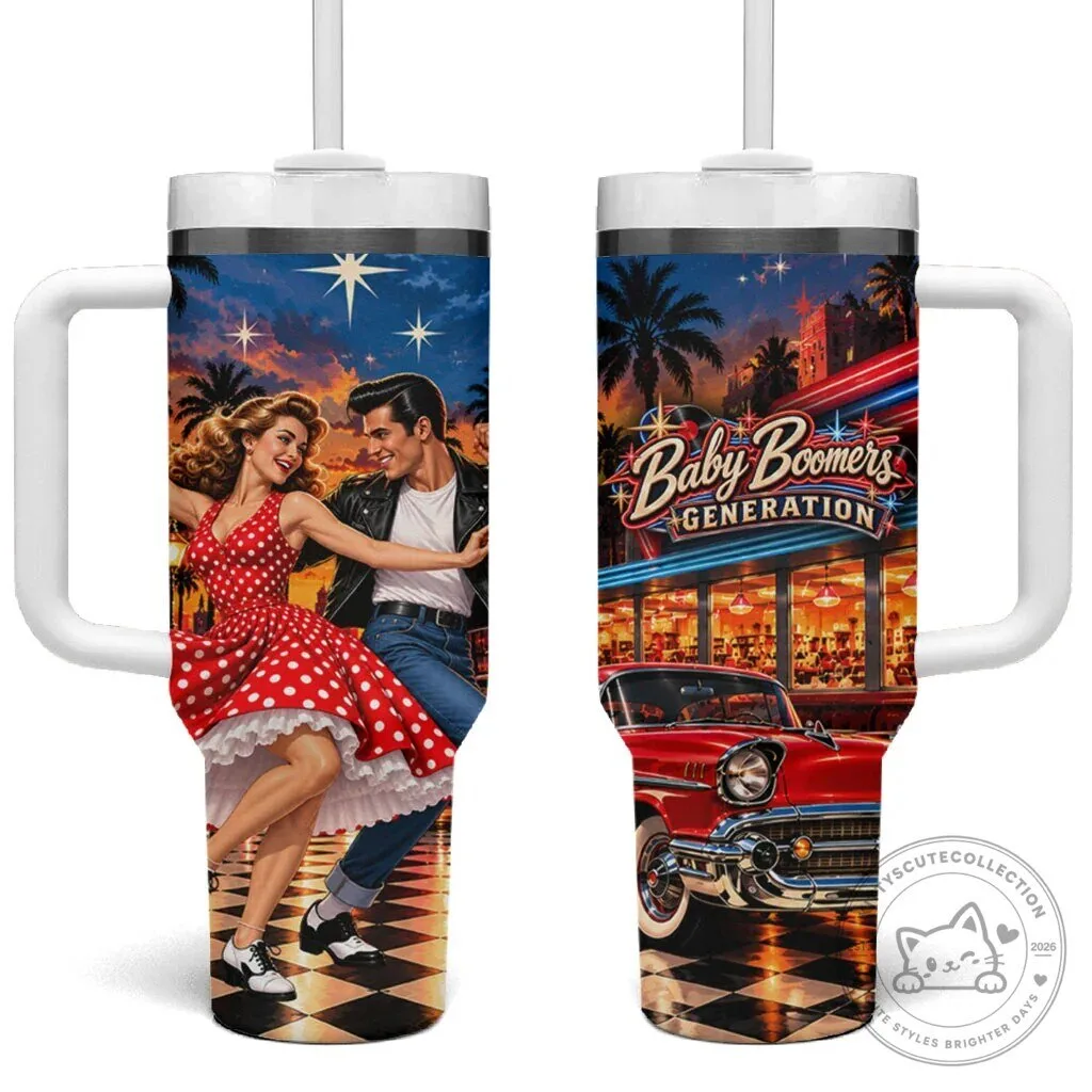 Baby Boomers Generation Vintage 1950s Rock and Roll Nostalgia Tumbler with Handle