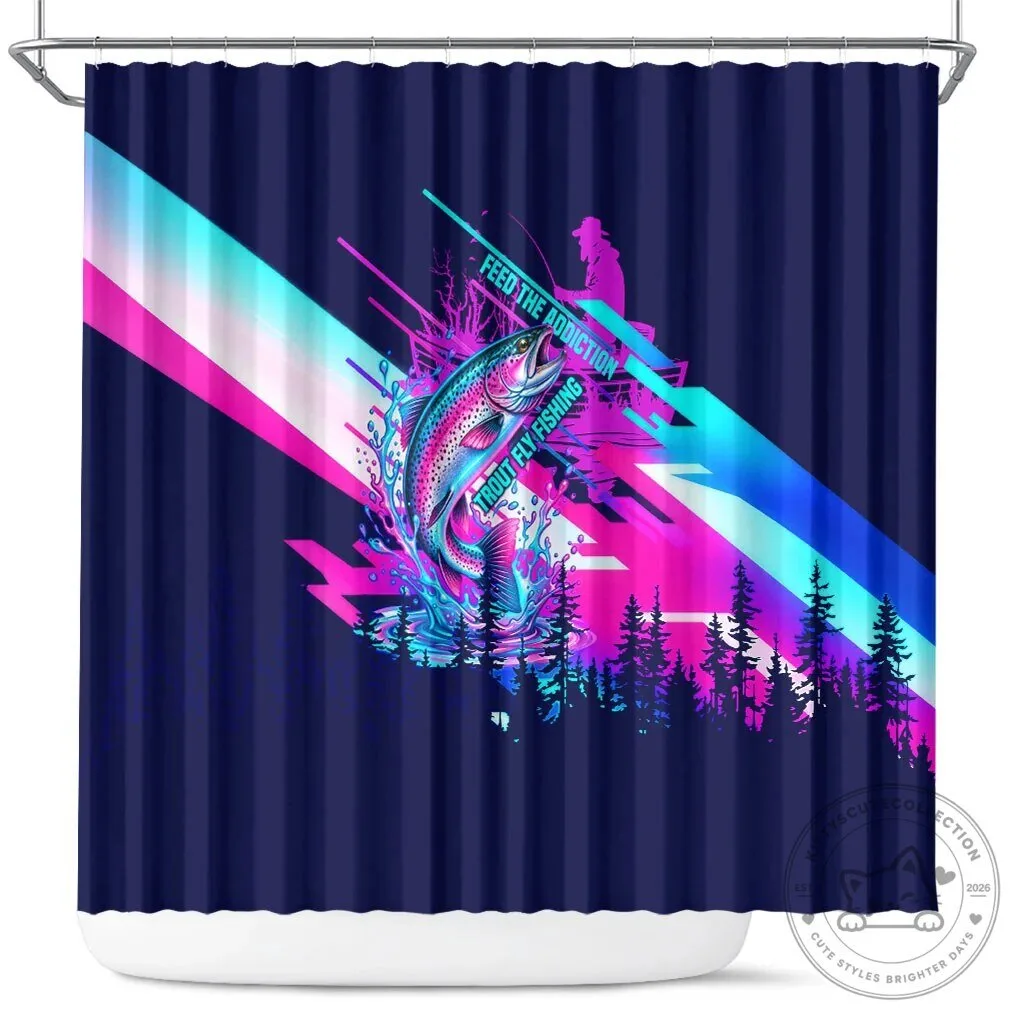 Trout Fly Fishing Born To Cast Fisherman Vibrant Neon Cyberpunk Abstract Shower Curtain