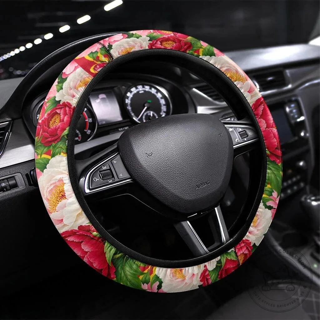 Floral Peony Pattern Steering Wheel Cover, Car Accessory with Red and White Flowers