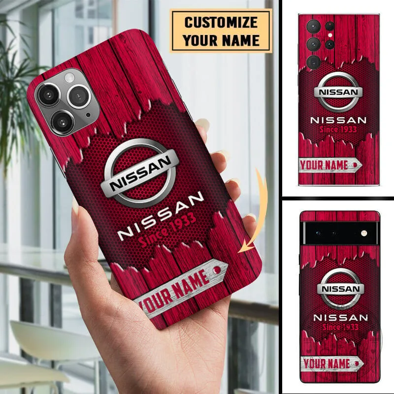 Nissan Since 1933 Custom Name Red Wood Grain Phone Case