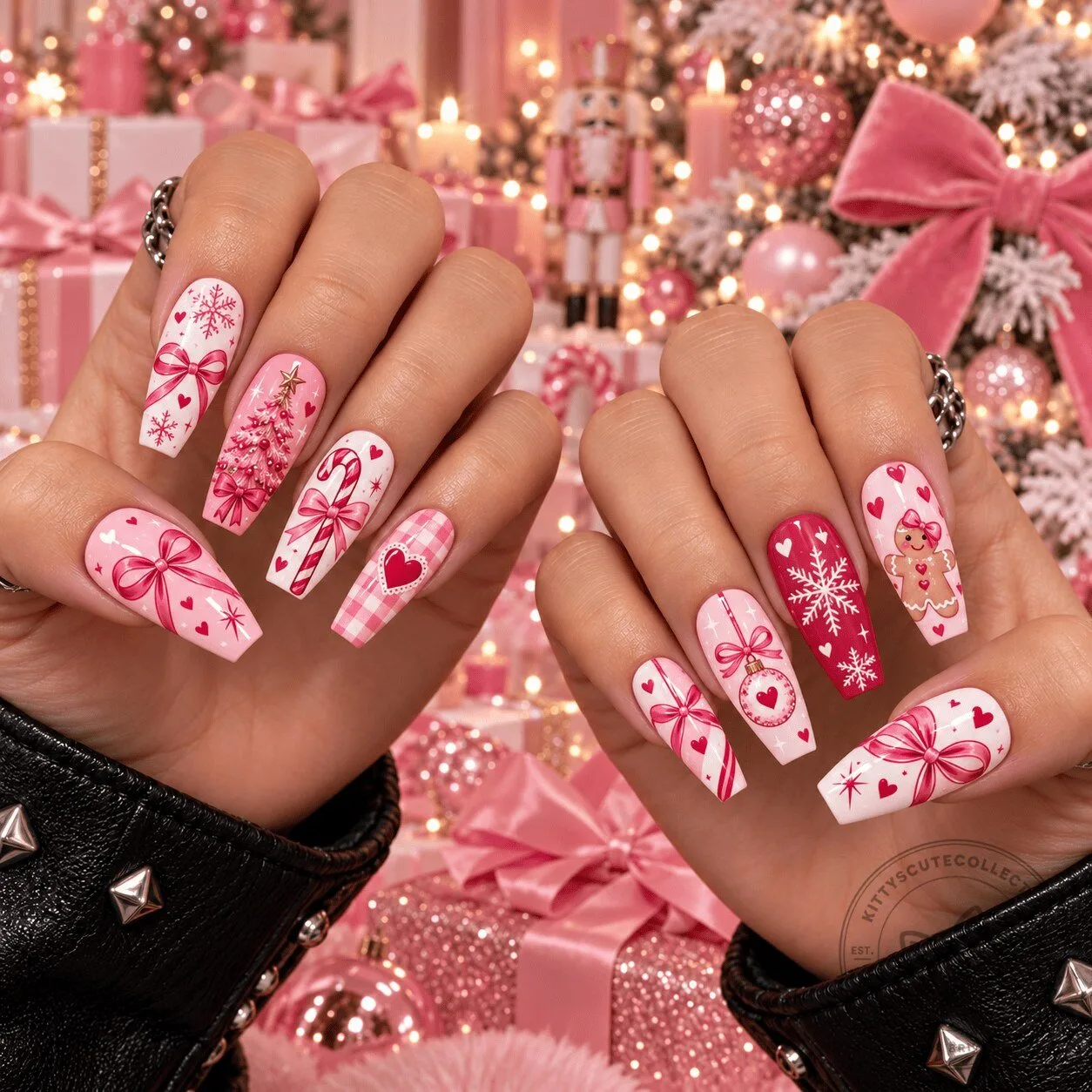 Pink Coquette Christmas Bow Gingerbread Snowflake Press-On Nails